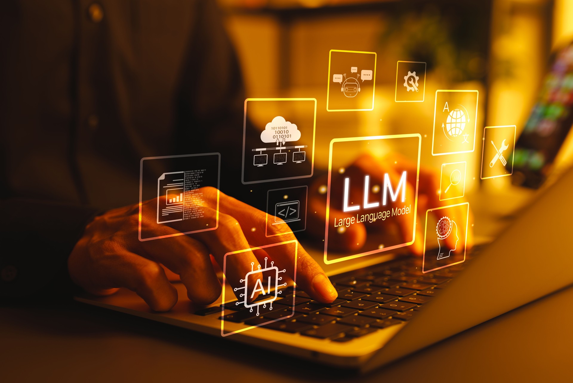 LLM Large Language Model and AI technology concept. Man working with LLM interface icons, artificial intelligence, deep learning, machine learning, natural language processing, Chat AI, Chatbot,