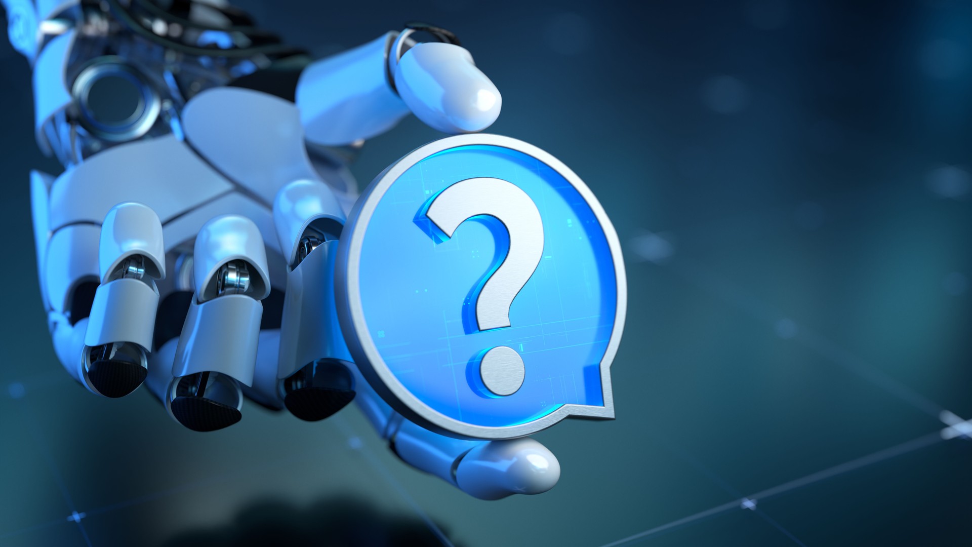 Futuristic Robotic Hand Holding Speach Bubble with Question Mark Symbol